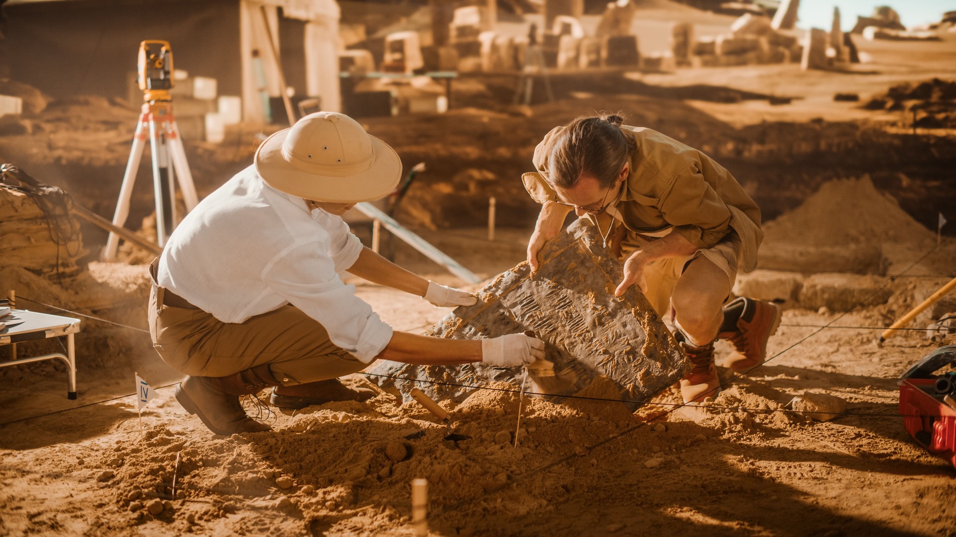 Archaeological Digging Site: Two Great Archeologists Work on Excavation Site, Carefully Cleaning, Lifting Newly Discovered Ancient Civilization Cultural Artifact, Historic Clay Tablet, Fossil Remains