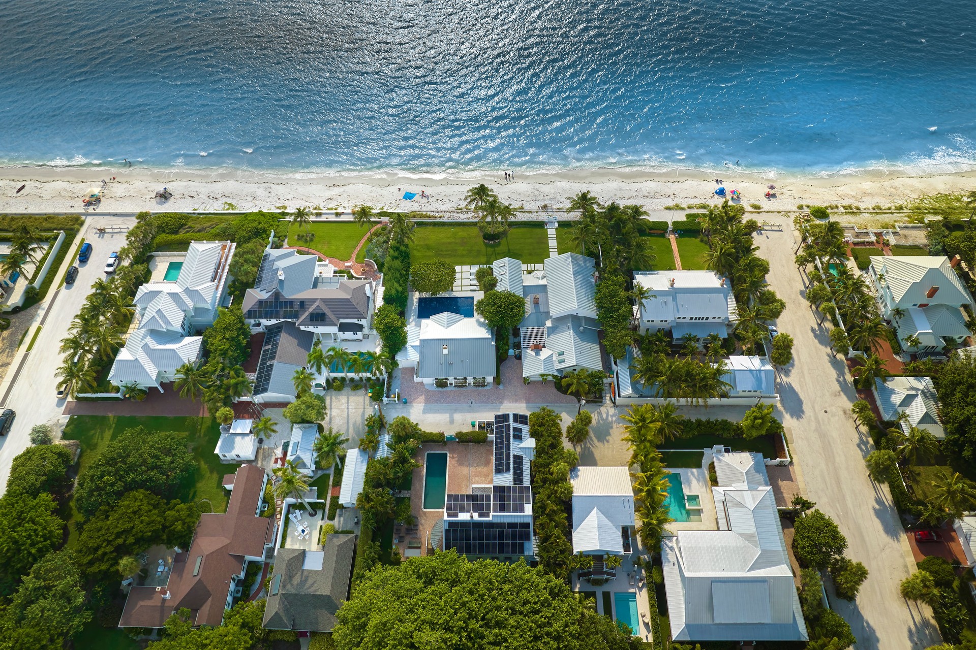 Aerial view of rich neighborhood with expensive vacation homes in Boca Grande, small town on Gasparilla Island in southwest Florida. American dream homes as example of real estate development in US