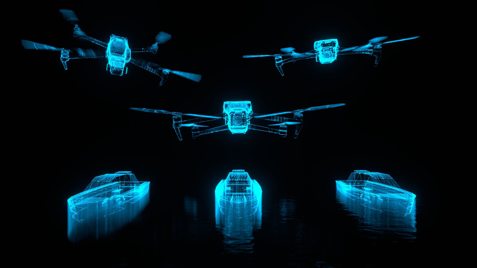 marine and aircraft drone group, control system, hologram, high-tech technology, military technology, background, 3d rendering, abstraction