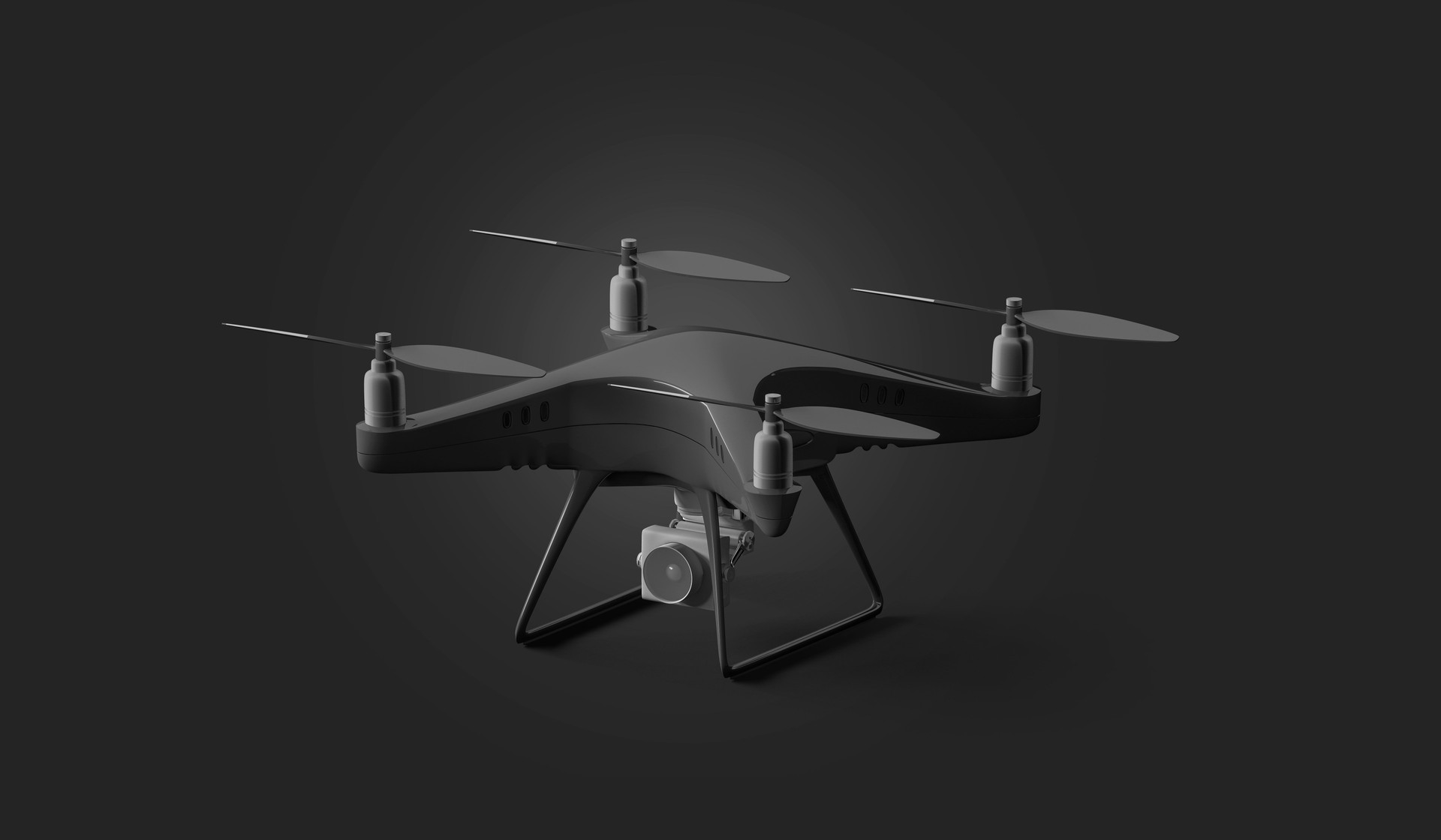 Blank black quadcopter mockup, stand isolated on dark background